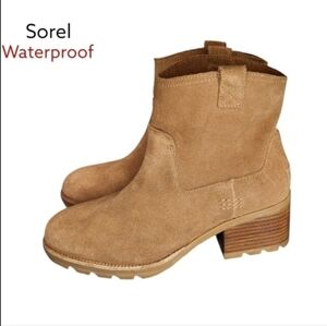 Sorel Waterproof Cate Pull On Tan Suede Leather Ankle Boot Shoe Western Women 7